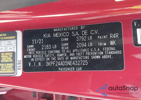 2022 Kia Forte Lxs из США, поврежденный, VIN 3KPF24AD5NE432725